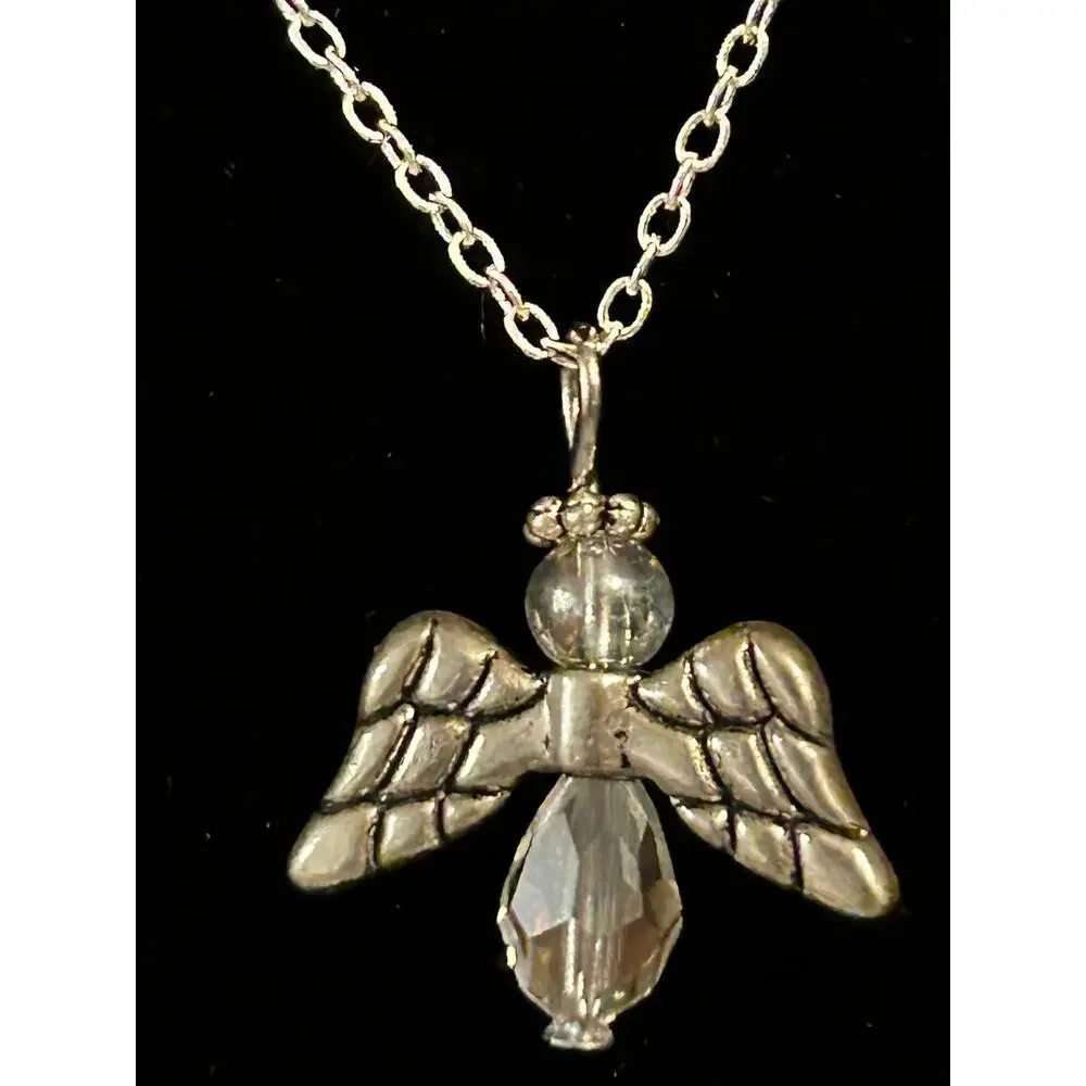 Silver Tone Beaded Angel Pendant Necklace 18